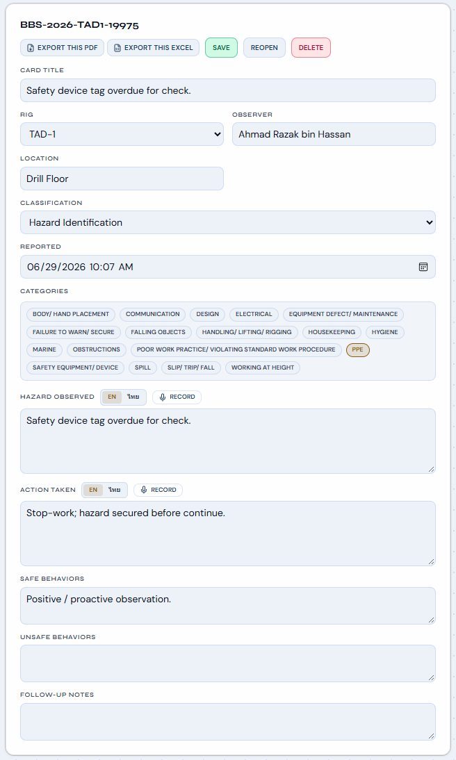Behaviour-based safety card form with categories and English and Thai entry and a record button